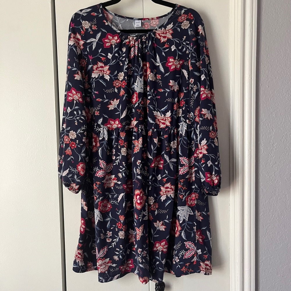 Old Navy Floral Print Long Sleeve Navy Blue Babydoll Dress - Size L - Picture 4 of 4